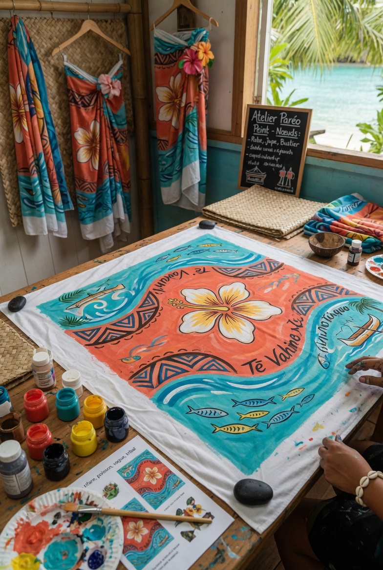 Femme portant un paréo imprimé noué sur une plage tropicale