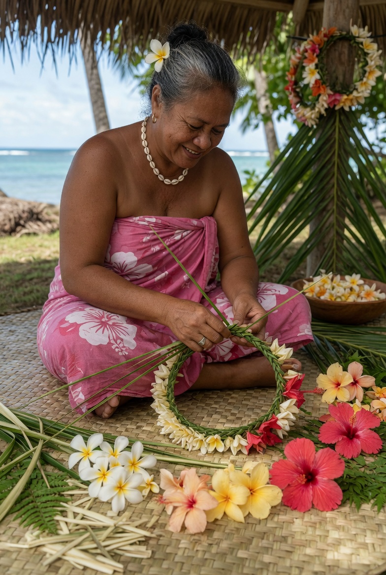 Femme portant une couronne de fleurs tropicales