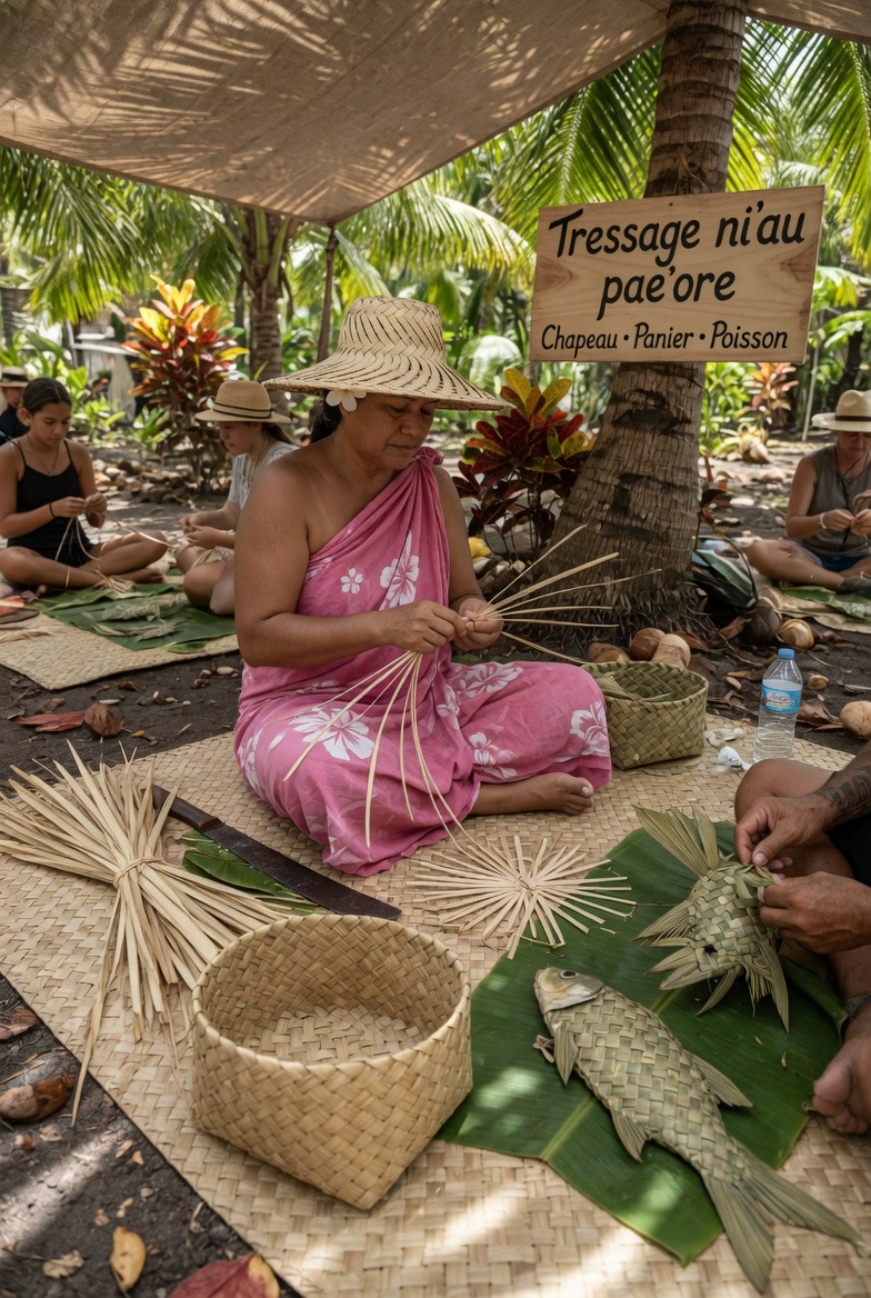 Mains tressant des feuilles de palmier ni'au